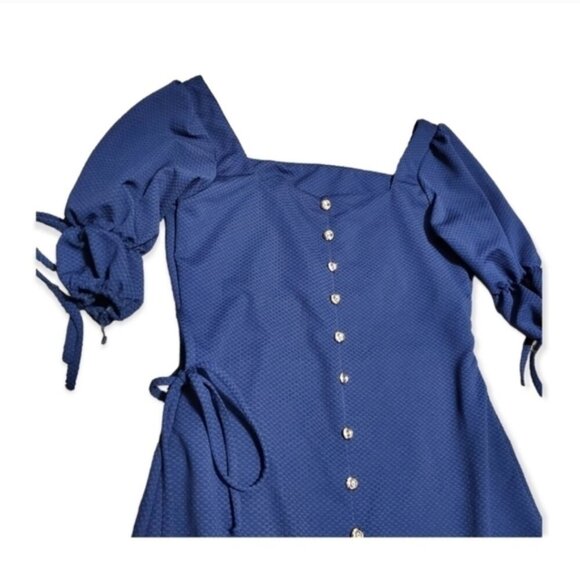 Gold button accent Blue Navy Printed dress - Picture 3 of 7